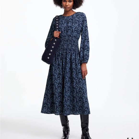 Madewell Blue Floral Bubble-Sleeve Smocked Midi Dress in Floral Fall Wedding NWT - Picture 1 of 11